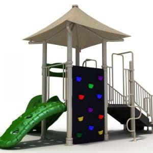 Commercial play set with climbing wall, ages 2-12